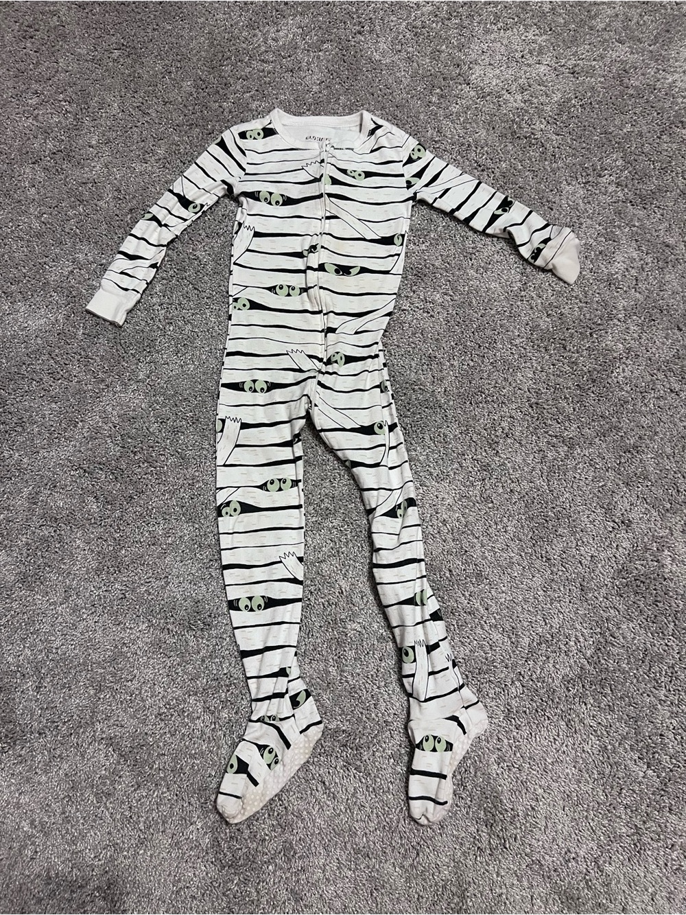 Kids White/Black Striped One-Piece Pajamas with Green Accent